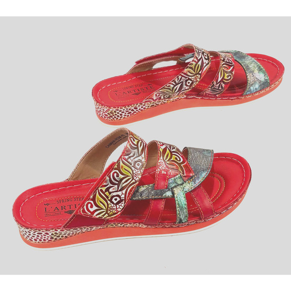 New L'Artiste Spring Step Womens Caiman Leather Wedge Slide Sandals Red 40M 9M - Picture 9 of 13